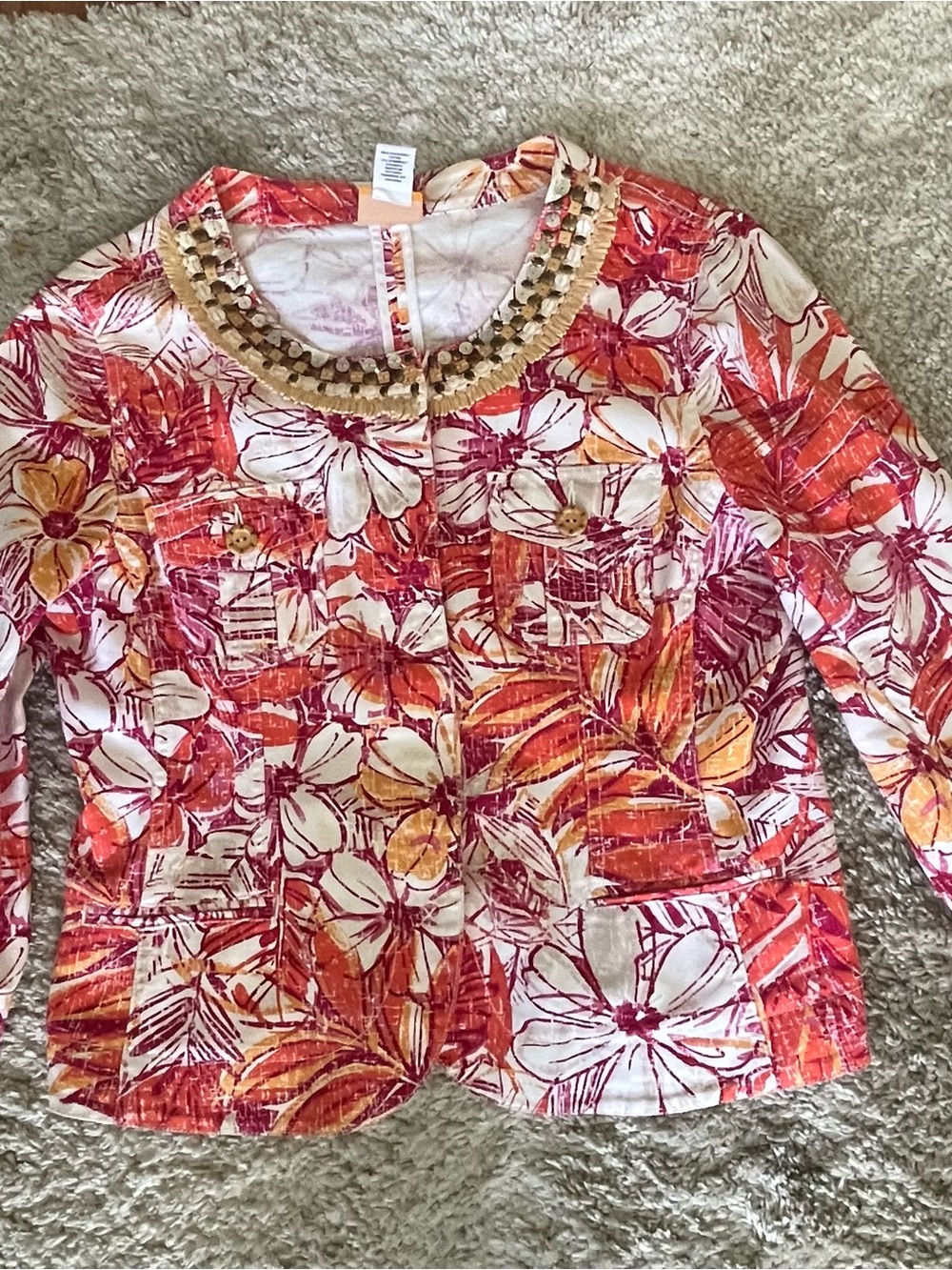 Ruby Rd. Floral Jeweled-Neck Blazer Jacket - Pink & Orange Sz 10